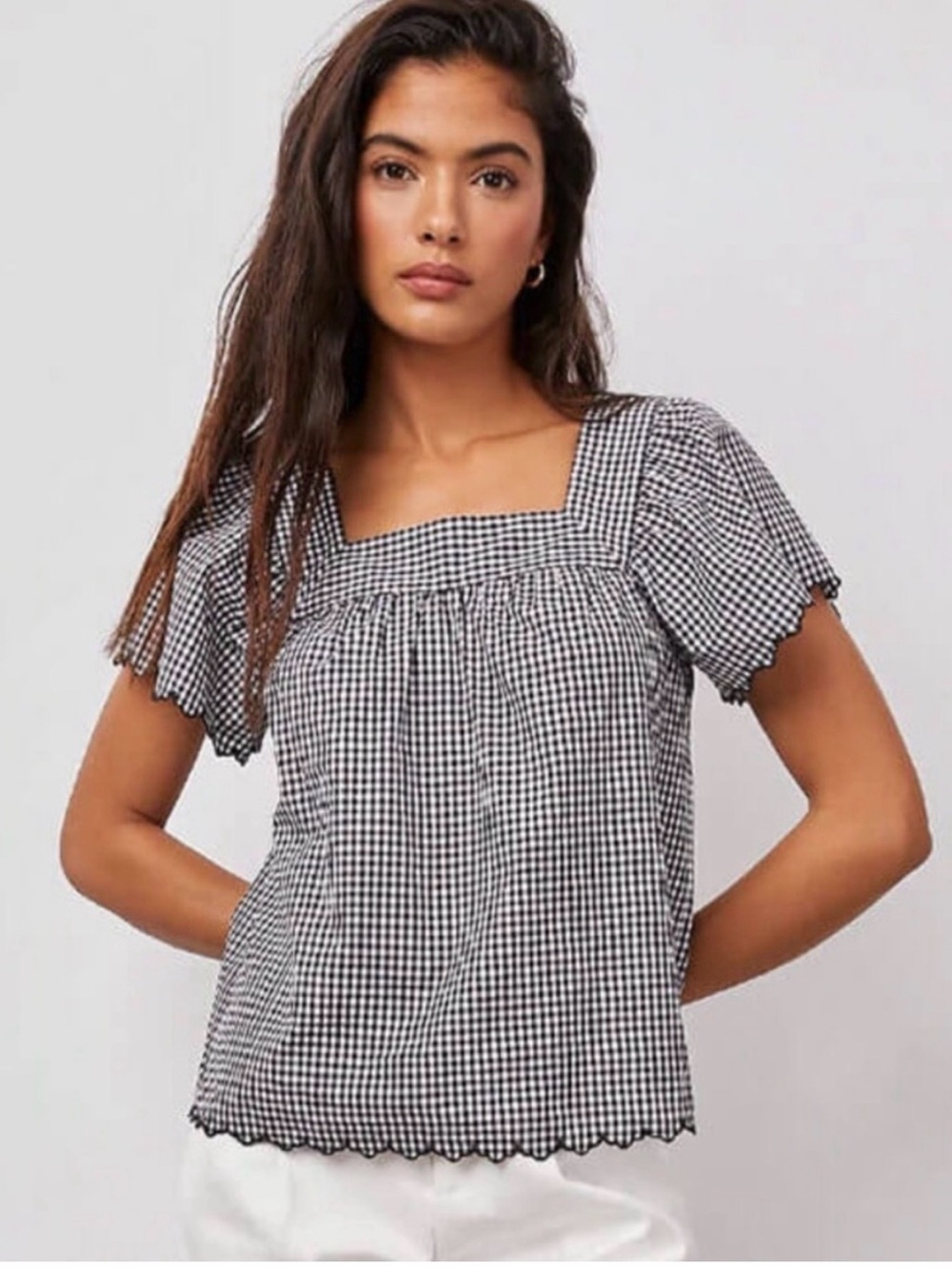 Rails Black White Gingham Square Neck Ruffle Flutter Short Sleeve Blouse XS